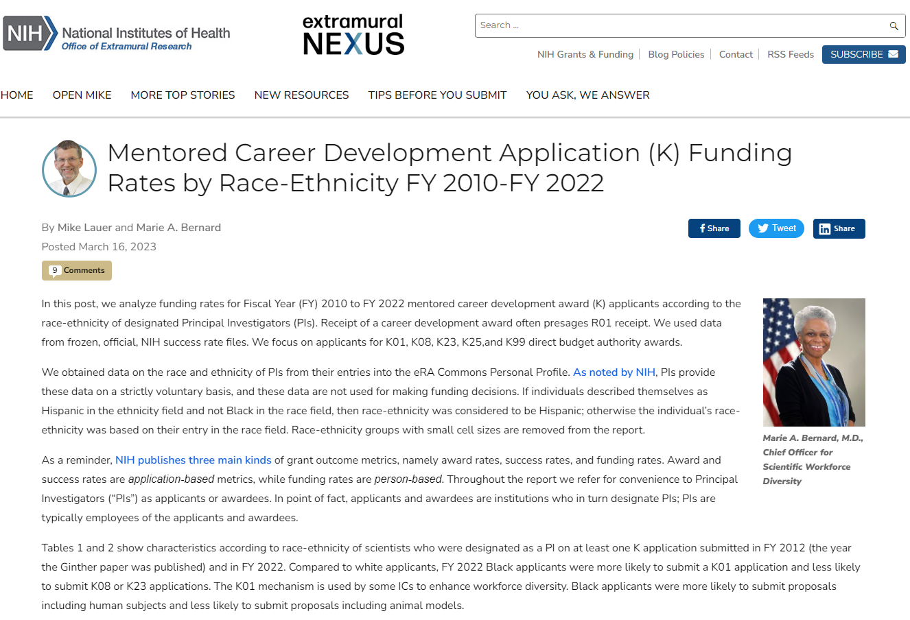 Beginning of blog post "Mentored Career Development Application (K) Funding Rates by Race-Ethnicity FY 2010-FY 2022"