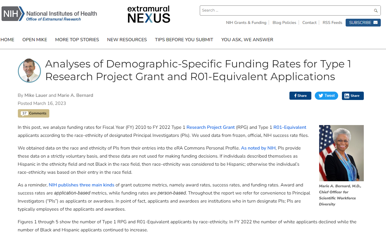 Beginning of blog post "Analyses of Demographic-Specific Funding Rates for Type 1 Research Project Grant and R01-Equivalent Applications"