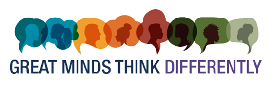 great minds think differently banner with colorful speaking bubbles and people 