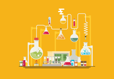 Illustration of beakers and other science materials in front of a yellow background
