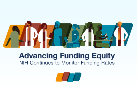 Illustration of eight diverse scientists, some using items including a microscope, book, and laptop. Text reads: Advancing Funding Equity: NIH's Strides in Closing the Ginther Gap