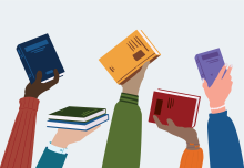 Image of a diverse group of people holding up books of varying sizes.
