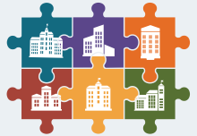 Illustration of six jigsaw puzzle pieces fitting together, with a different institution-type building on each piece.