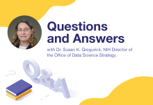 Graphic with yellow blobs, a headshot of Dr. Gregurick and text about a questions and answers event