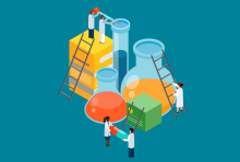 illustration of people, huge beakers and test tubes, and ladders
