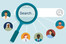 cartoon search bar with magnifying glass and web of people around it