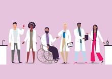 Cartoon people standing in a line wearing lab coats in front of a pink background