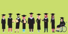 cartoon people in graduation robes and caps in front of a green background 